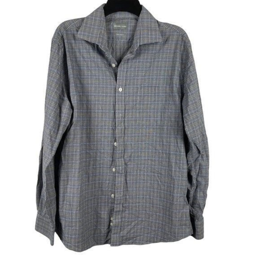 Michael Kors Dress Shirt Regular Fit Mens L Blue Grey Plaid Button Down